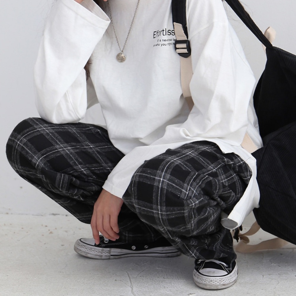 CCOMENG Wide Leg Straight Plaid Black Pants